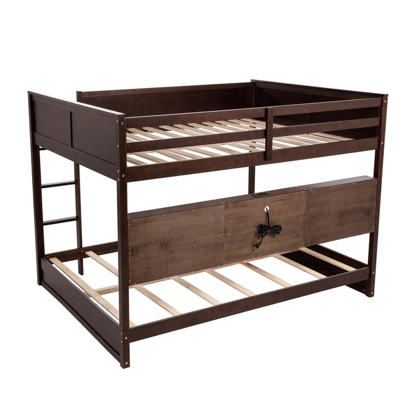 Queen Over Queen Bunk Bed with Storage, Charging Station, Ladder, Safety Rails, Solid Pine Wood, Brown