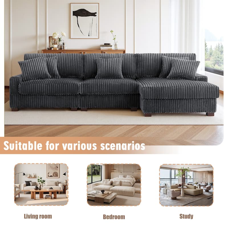 118.3" W Plush Corduroy Square Arm Upholstered Sectional Modular Sofa