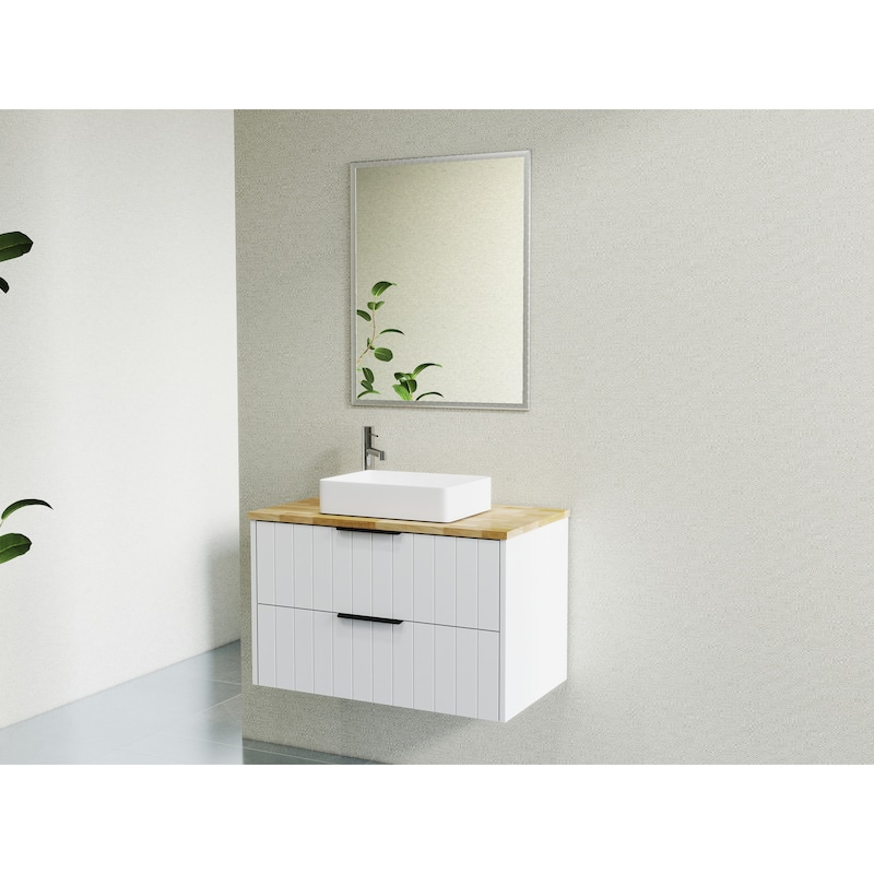 GDFStudio - 32-Inch Wall-Mounted Bathroom Vanity, Solid Wood Natural Top, Square Art Ceramic Sink