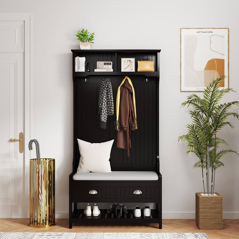 3-in-1 Hallway Hall Tree with 2 Storage Drawer and 4 Coat Rack,Shoe Rack Bench with Padded Seat Cushion,with Top Storage Shelf