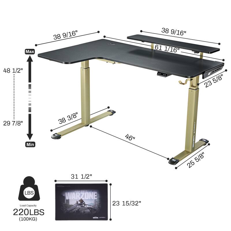 EUREKA ERGONOMIC & Call of Duty 61" Large L-Shaped Height Adjustable Standing Game Desk