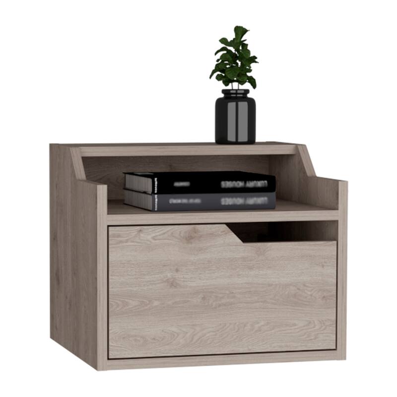 Floating Nightstand with Single Drawer, Modern Dual-Tier Design in Light Gray