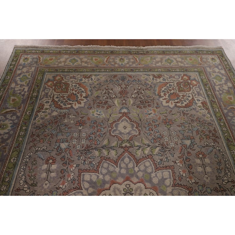 Gray Floral Tabriz Persian Vintage Area Rug Handmade Wool Carpet - 6'7" x 9'10"
