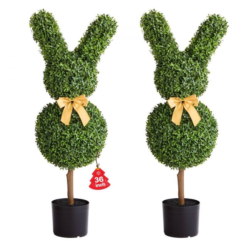 Set of 2 Artificial Topiary Trees 36" Faux Green Plants with PE Leaves & Iron Trunks, Weather-Resistant Decorative Greenery