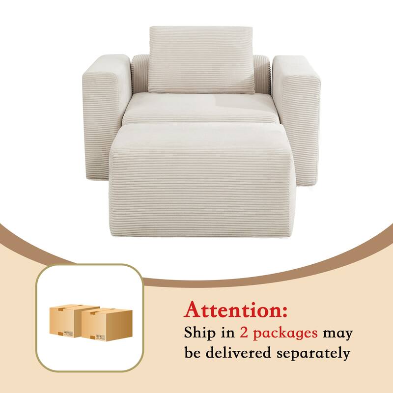 Corduroy Sectional Modular Sofa with Square Arms & Ottoman Extension for Flexible Arrangements
