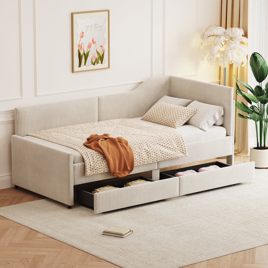 Twin Size L-Shaped Corduroy Daybed,Upholstered Bed Frame with 2 Storage Drawers