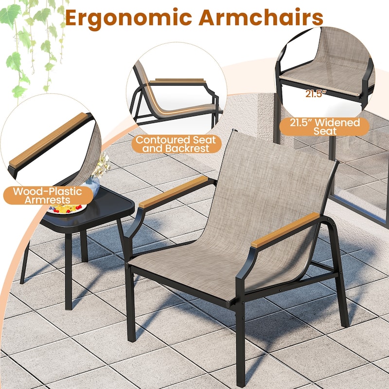 Outdoor 3-Piece Patio Set with Comfy Fabric Chairs and Glass Table for Porch or Balcony - 28" x 24" x 30"