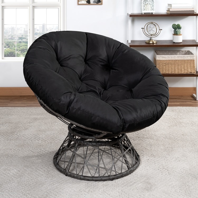 Wicker Papasan Chair with Oversized Cushion & Swivel Base – Indoor Round Lounge Chair for Bedroom, Living Room, or Covered Patio - Black