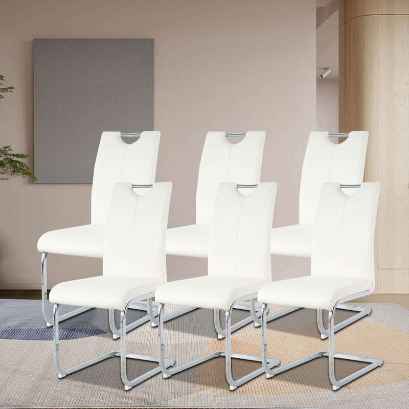 Classic Set of 6 PU Upholstered Dining Chairs - N/A - White+Silver