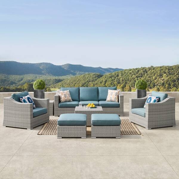 Shop Corvus Martinka 9 Piece Grey Wicker Patio Furniture Set With Cushions Overstock 13036900 Blue