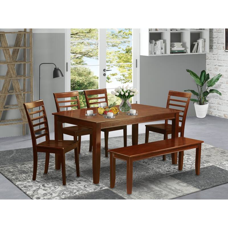 East West Furniture 6 Pc Dining set- A Dining Table with 4 Kitchen Chairs plus one Bench - Mahogany Finish (Seat Type Option) - DUML6D-MAH-W