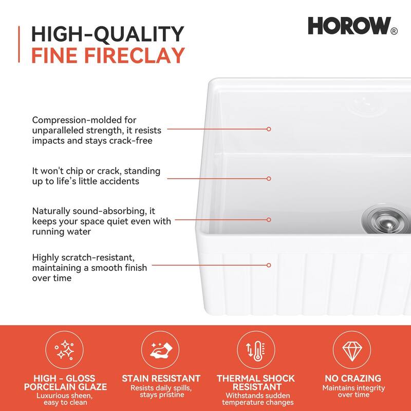 HOROW 33in. Farmhouse/Apron-Front Single Bowl White Fireclay Workstation Kitchen Sink w/Cutting Board,Bottom Grid and Strainer