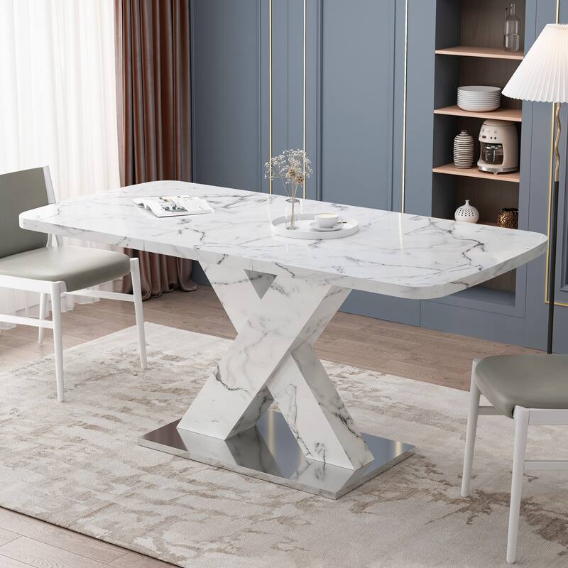 Modern Square Dining Table,Stretchable,Printed Black Marble Table Top+MDF X-Shape Table Leg with Metal Base - White