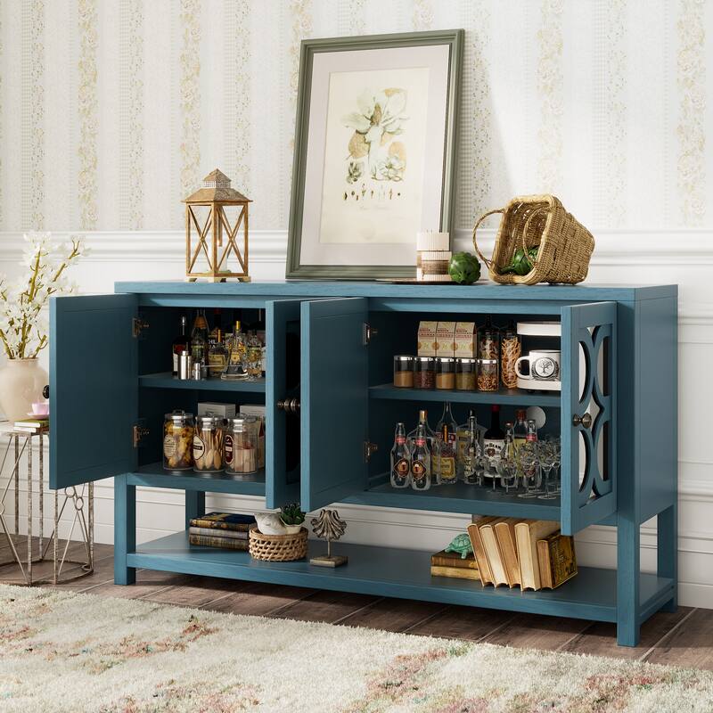 60" Retro Wooden Console Table Storage Cabinet with Mirrored Doors, Spacious Shelves and Acacia Wood Legs
