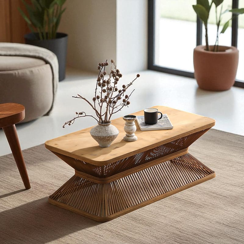 43.3" Mid-Century Modern Coffee Table - Rectangular Wood Accent Table with Woven Bamboo Base, Rustic Boho Style