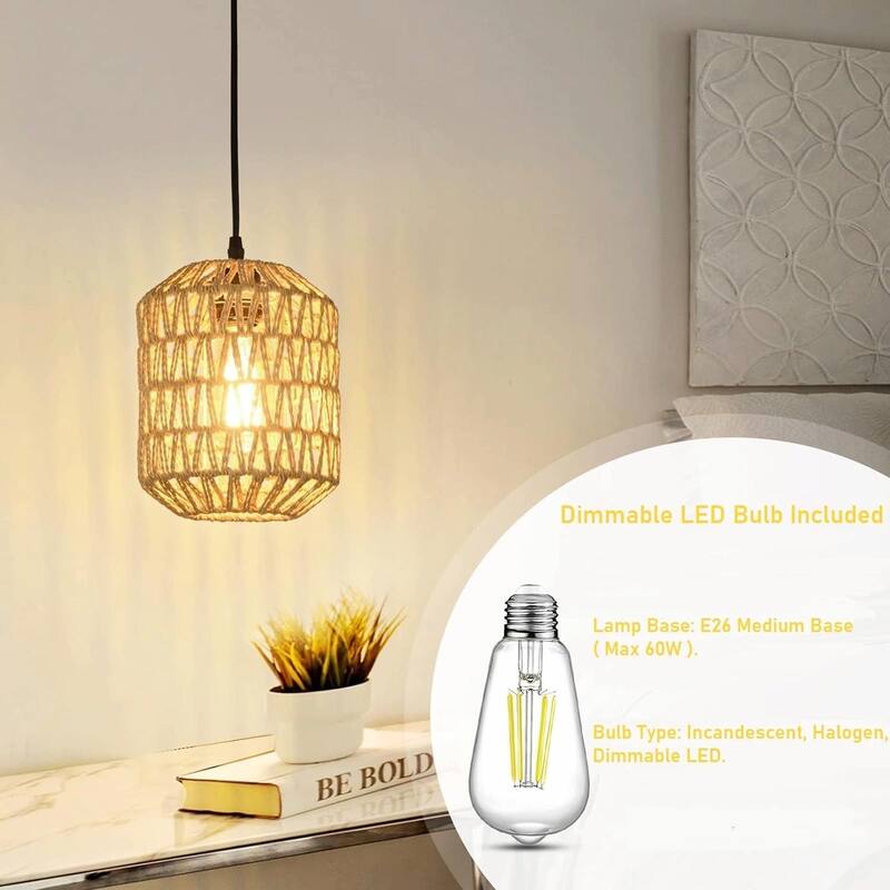 Hand-Woven Rattan Pendant Light - Includes Dimmable LED Bulb, 16ft Cord