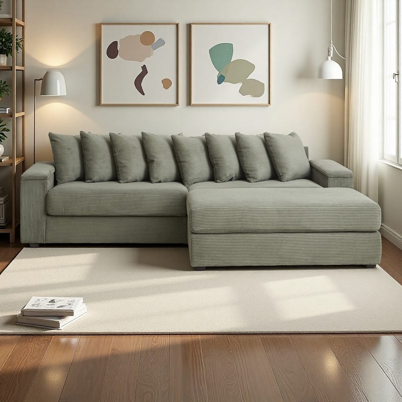 104" Corduroy L-Shaped Sectional Sofa with Ottoman Included, 8 Pillows and Armrest Storage - Green