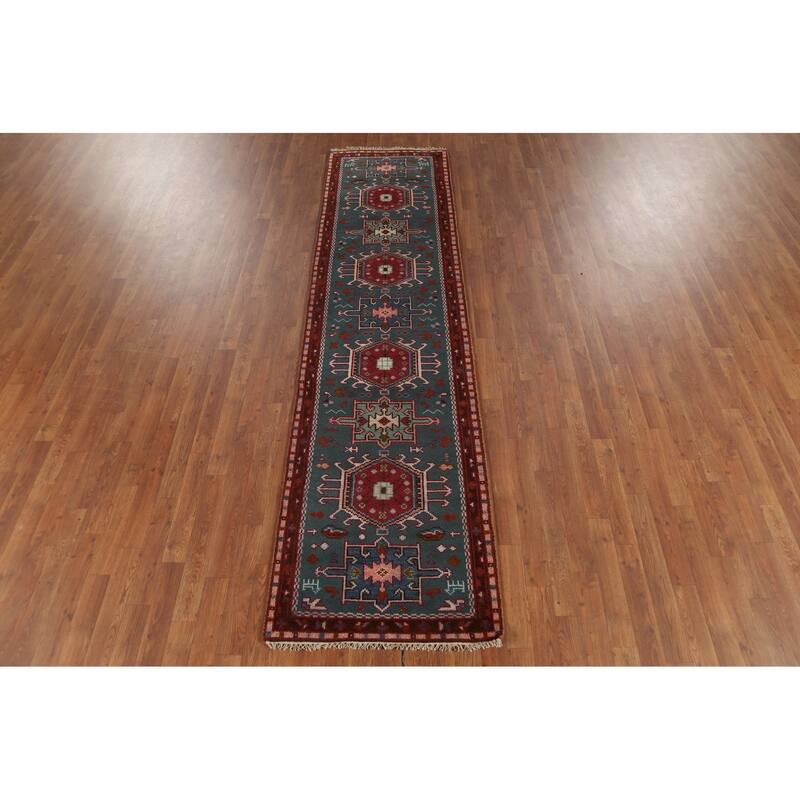 Teal Green Khotan Oriental Runner Rug Hand-Knotted Wool Carpet - 2'6"x 9'9"