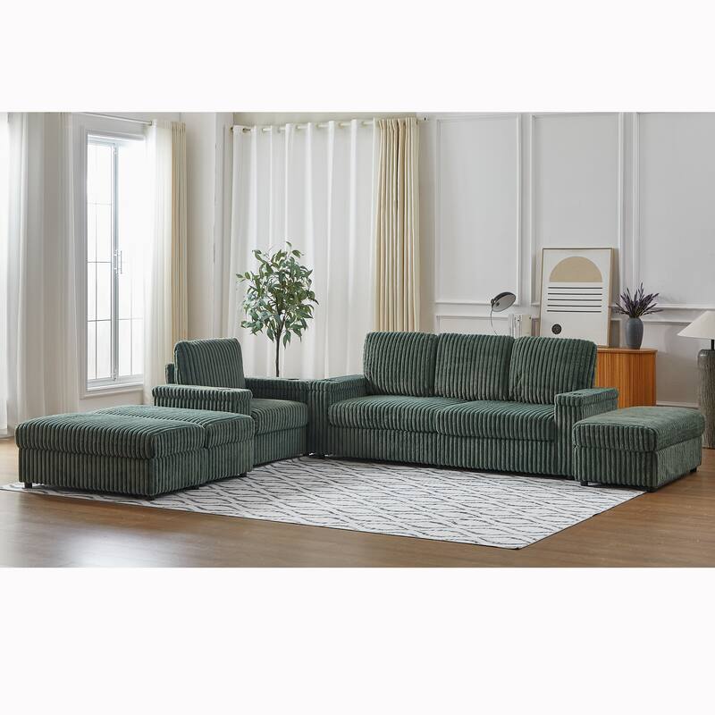 Anmytek Corduroy 3-Seater Deep Seat Sofa & Single Recliner With Cup-Holding Grooves