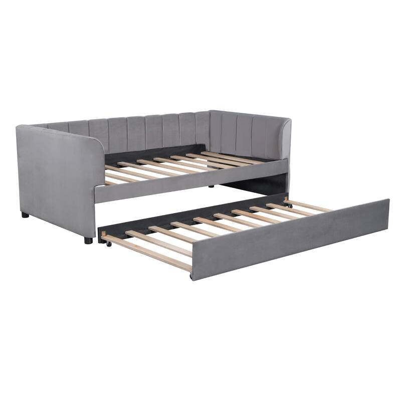 Twin Size Upholstered Daybed with Ergonomic Design Backrest and Trundle