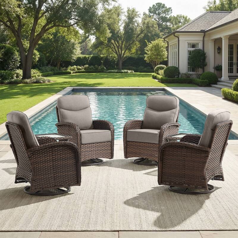 Pocassy Outdoor Wicker Patio Swivel Chair with Ottoman Sets - Brown Wicker Gray Cushion - 6-Piece Swivel Chair with Side Table