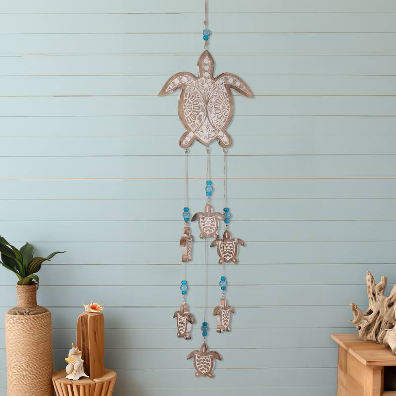 Sagebrook Home Coastal Charm, 35" Wood and Jute Sea Turtle Hangings, Multi-color - 8" x 1" x 35" - Carved Multi - 8" x 1" x 35"