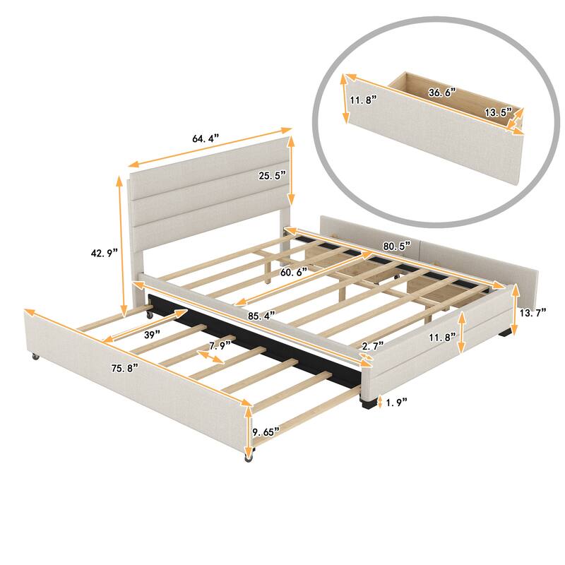 Roomfitters Queen Upholstered Platform Bed with Twin Trundle and Side Compartments for Extra Storage, Beige