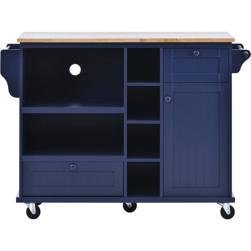 Rubberwood Kitchen Cart with Drop Leaf, Microwave storage rack, Exterior Shelves, and 2 drawers