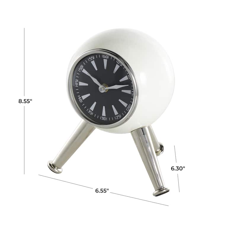Aluminum Metal Orb Decorative Clock with White or Black Clockface and Gold Tripod Legs - Black or Silver - Roche River Decor