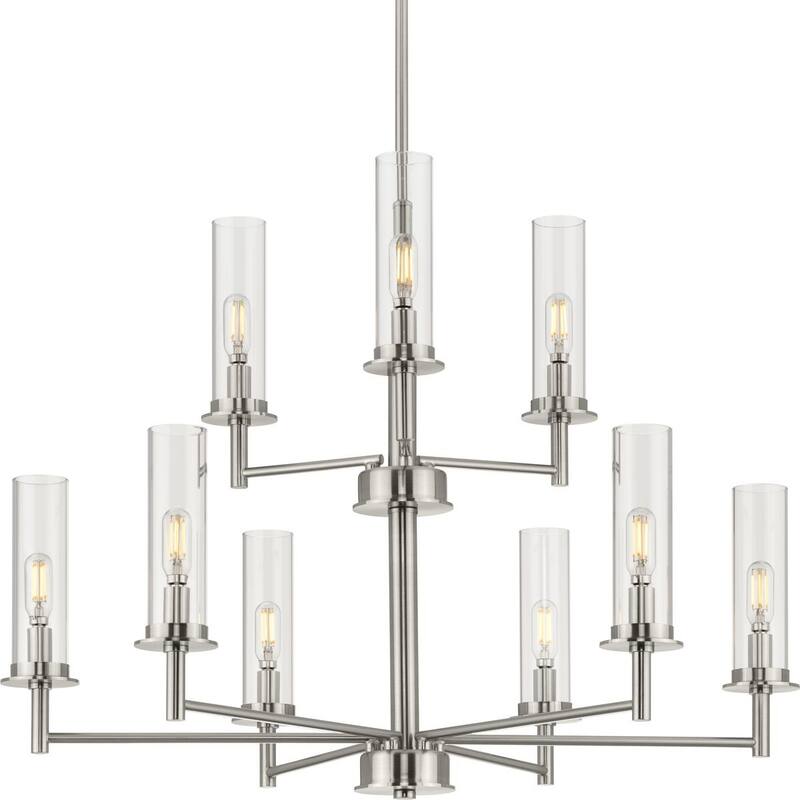 Kellwyn Collection 9-Light Brushed Nickel Clear Glass Transitional Chandelier Light - 28 in x 28 in x 34.25 in - 28 in x 28 in x 34.25 in