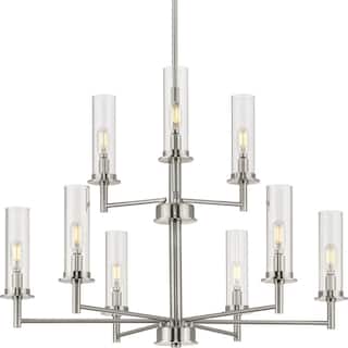 Kellwyn Collection 9-Light Brushed Nickel Clear Glass Transitional Chandelier Light - 28 in x 28 in x 34.25 in