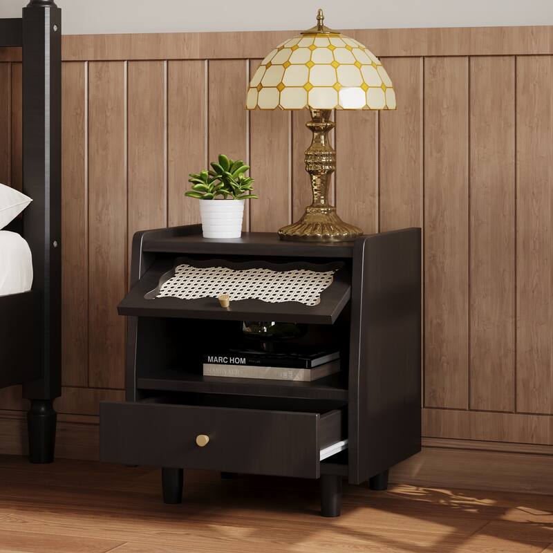 Wooden Nightstand With Rattan-Woven Storage Cabinet And 1 Drawer