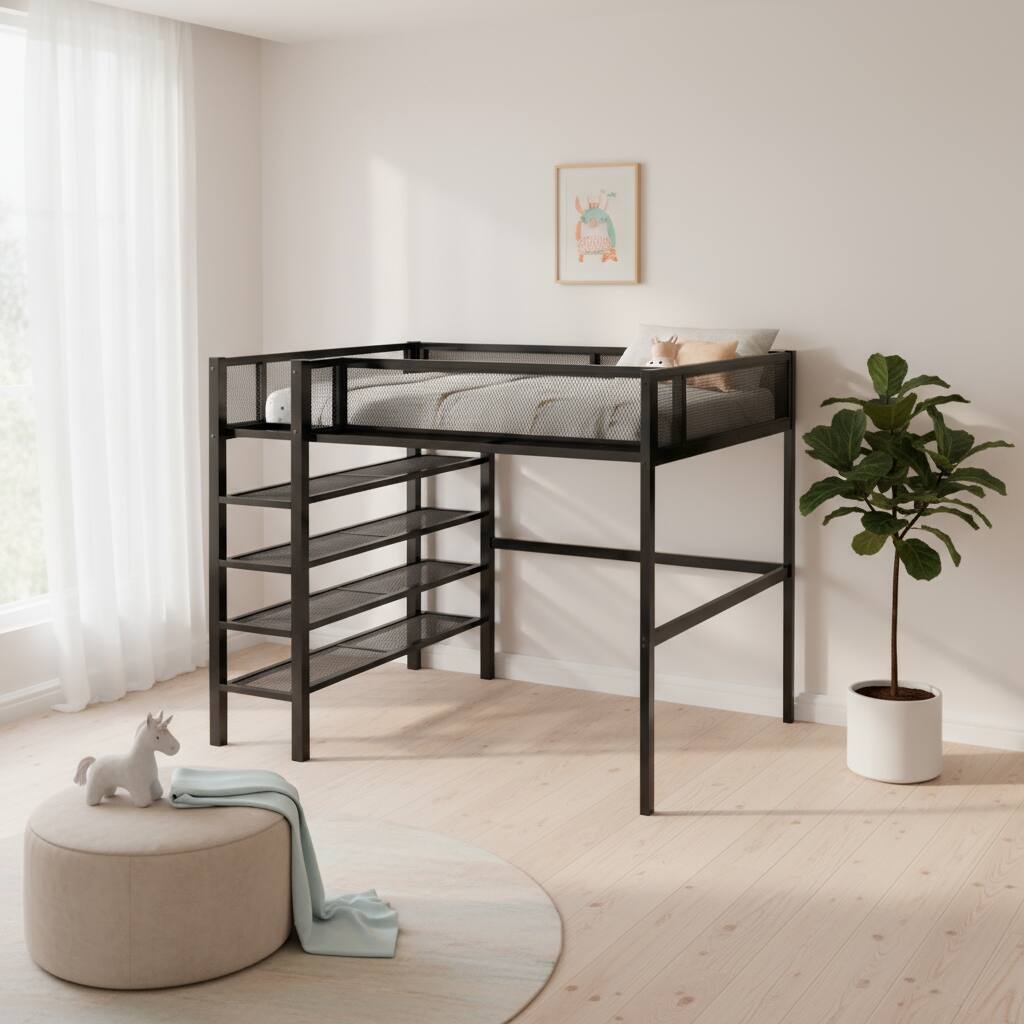 HomeRoots Black Platform Metal Full Double Loft Bed With Shelves