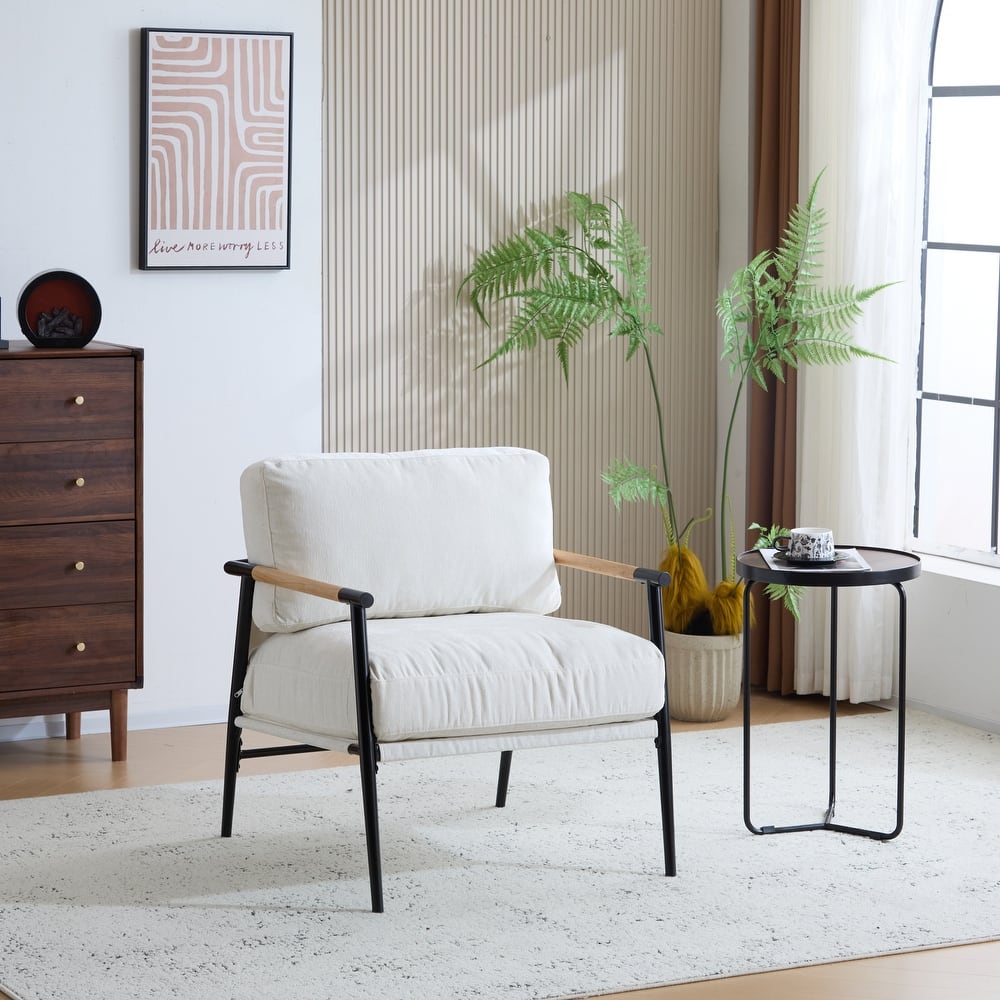 27.56" Modern Accent Chair w/ Plush Cushions & Minimalist Metal Frame & Wooden Armrest Design