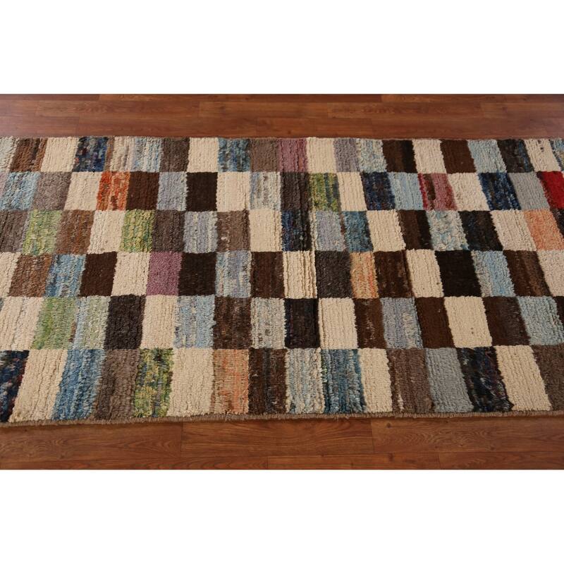 Checkered Moroccan Oriental Runner Rug Hand-Knotted Wool Carpet - 3'2" x 9'8"