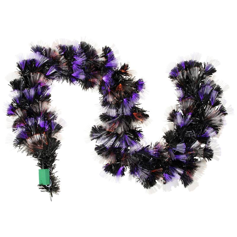 Multi Function Fiber Optic Artificial Halloween Garland - 6' x 6" - Black - Purple and Orange LED