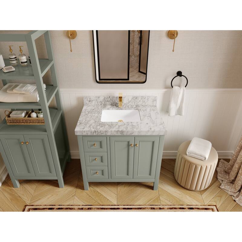 Willow Collections 36 in. W x 22 in. D Nashville Center Right Sink Bathroom Vanity with Countertop - 2"Carrara Marble - Evergreen
