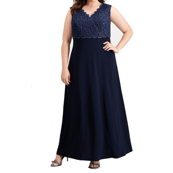 Shop Alex Evenings Womens Gown Navy Blue Size 18W V-Neck Lace Shimmer ...