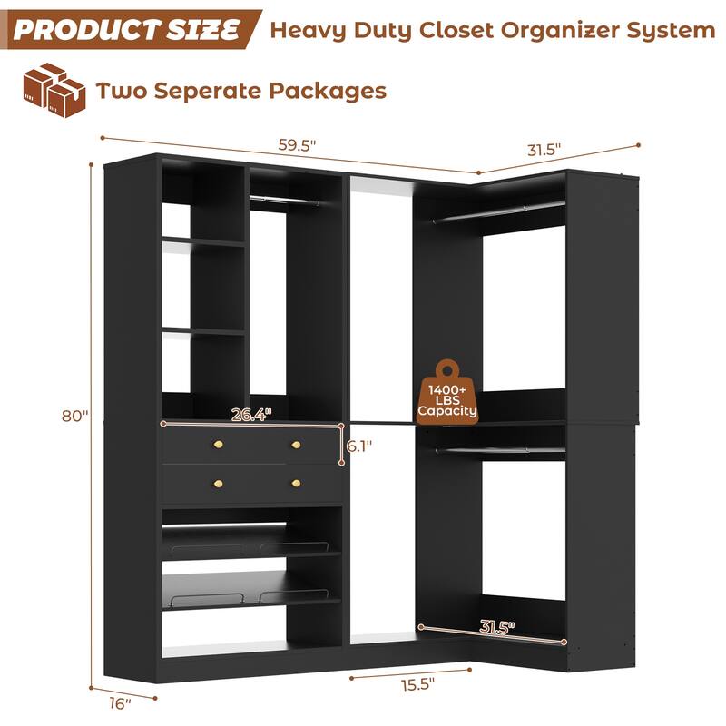 Set of 2/ 3 Coner Closet System with Shoe Racks and Drawers, Freestanding Closet Organizer with Hanging Rods and Shelves