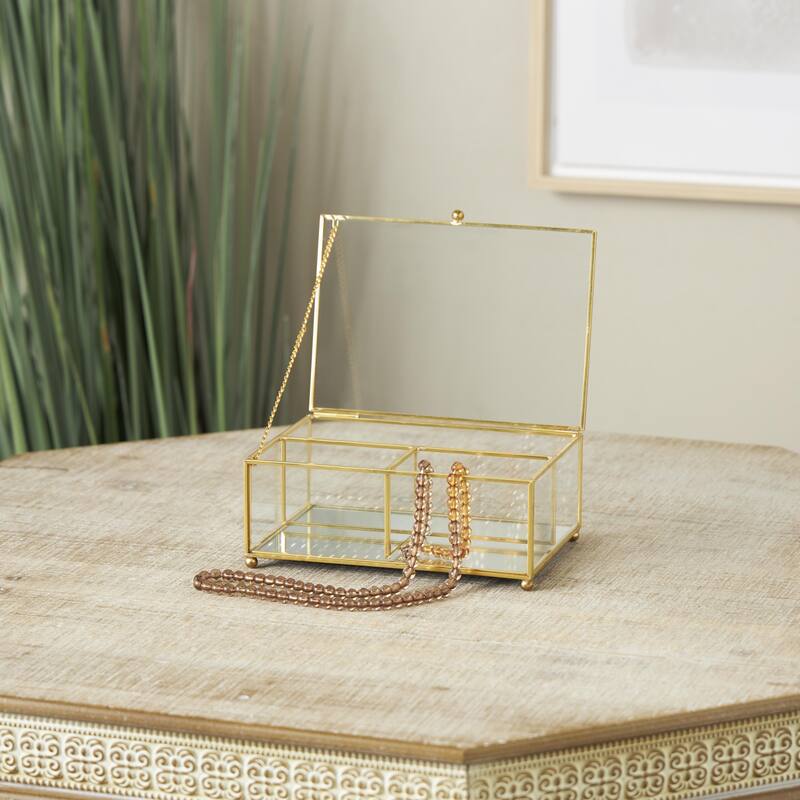 Glass 3 Slot Decorative Jewelry Box with Gold Metal Frame and Chain Accent - Clear - Roche River Decor
