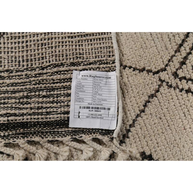 Trellis Moroccan Area Rug Hand-Knotted Geometric Beige Wool Carpet - 5'1"x 8'8"