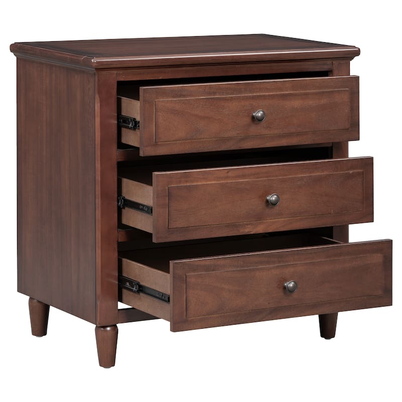 Fully Assembled 3-Drawer Nightstand, MDF & Pine Wood with Rubberwood Legs, Metal Ball Slide Glides