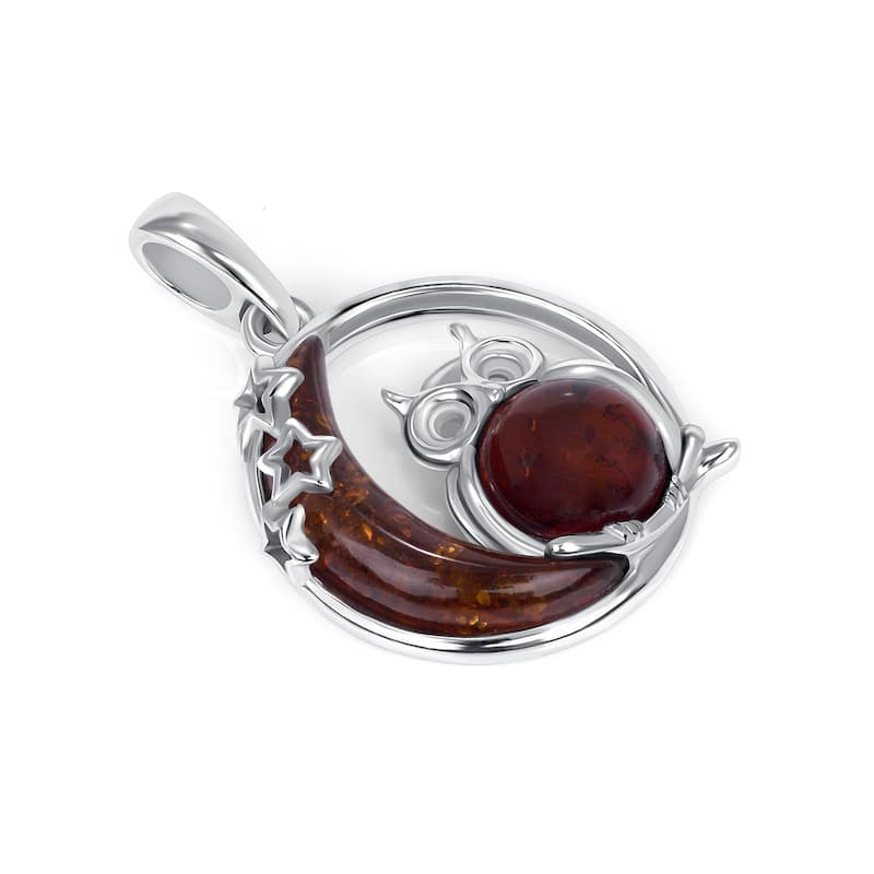 Baltic Amber Owl and Moon Pendant Necklace in Sterling Silver