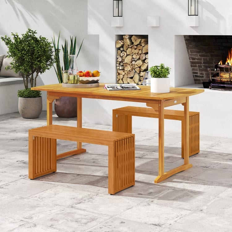 Teak Acacia Wood Outdoor Bench 36 inches Slatted Backless Patio Seating - 36” x 13” x 17.5”