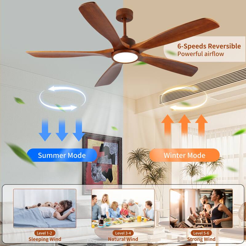 60 inch Wood Ceiling Fans with Remote,5 Solid Wood Blades,Low Profile Ceiling Fan with Light,6 Speed,Reversible DC Motor