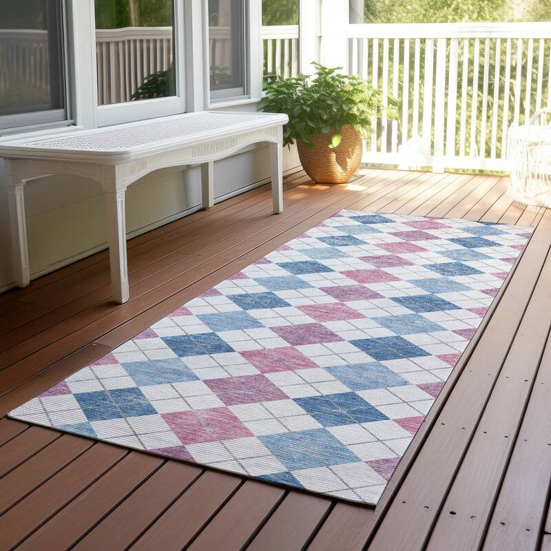 Machine Washable Indoor/ Outdoor Modern Plaid Chantille Rug - Blue - 2'3" x 7'6"
