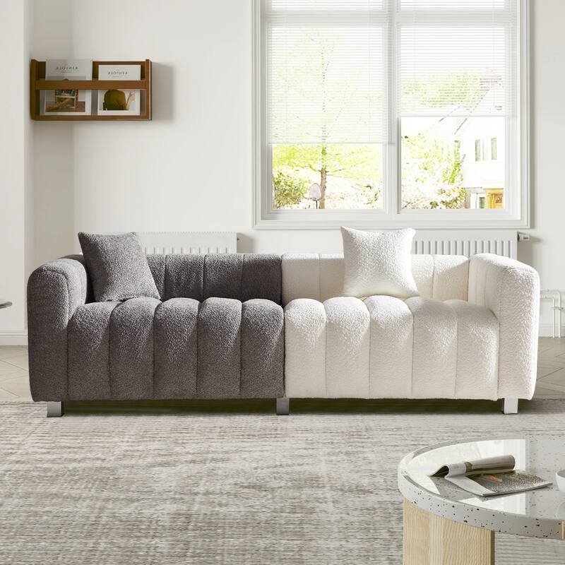 87.4" Luxury 3-Seater Sofa Bubble Couch for Living Room, Velvet Deep Seat Sofa Couch, Loveseat Sofa with Metal Legs - Grey+White