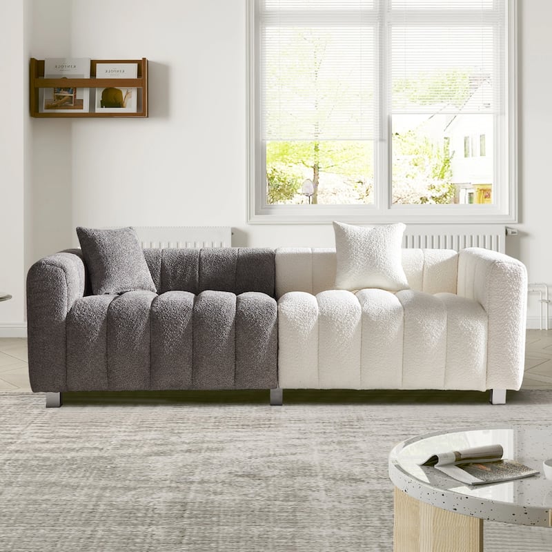 GDFStudio - Premium Velvet Modular 3-Seater 87.4" Bubble Sofa Couch - White+gray