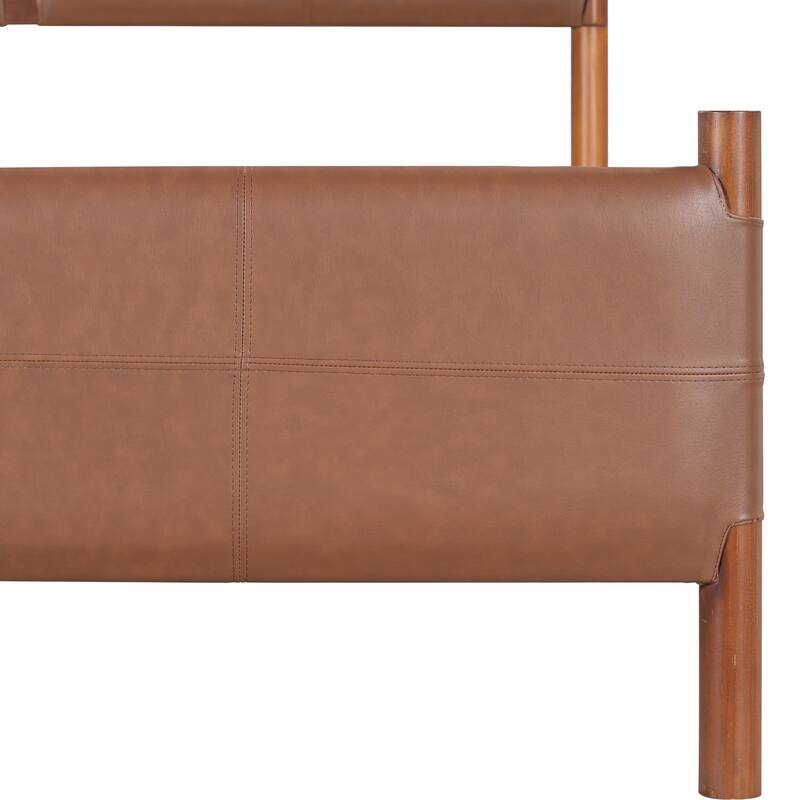 Solid Pine Platform Bed Frame, Faux Leather Upholstered Bed with Ergonomic Backrest, Wooden Slat Support