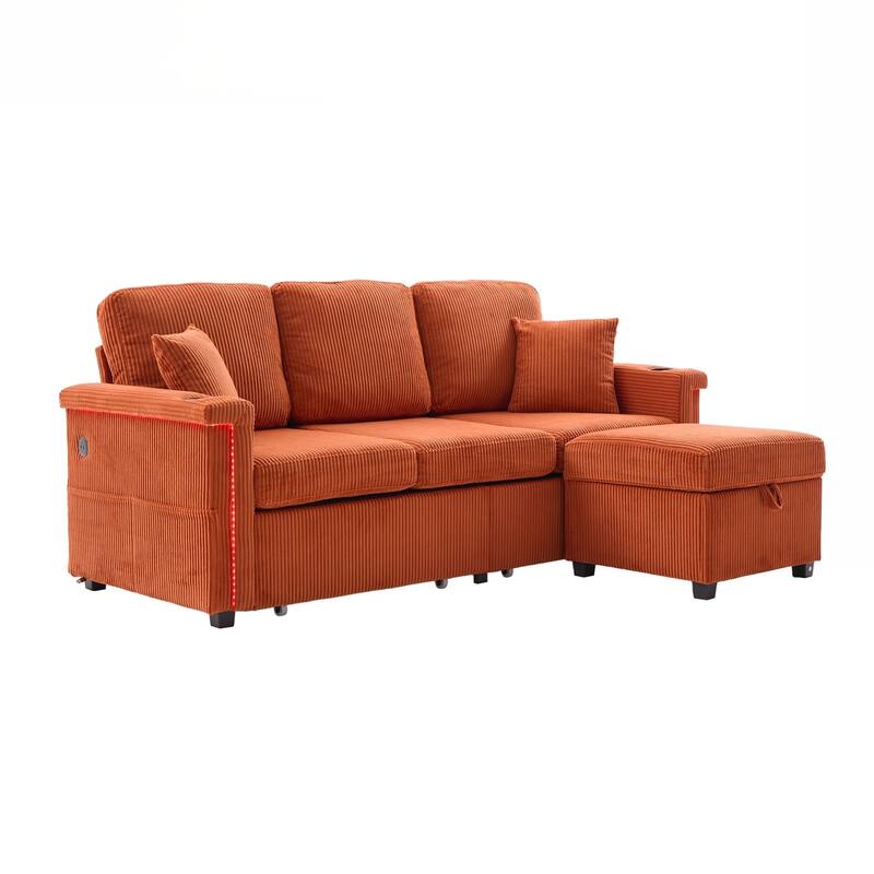 L-Shaped Sectional Sofa with Pull-Out Storage,Ottoman & Pillows 3-Seat with USB Charging,Cup Holder, Convertible Design